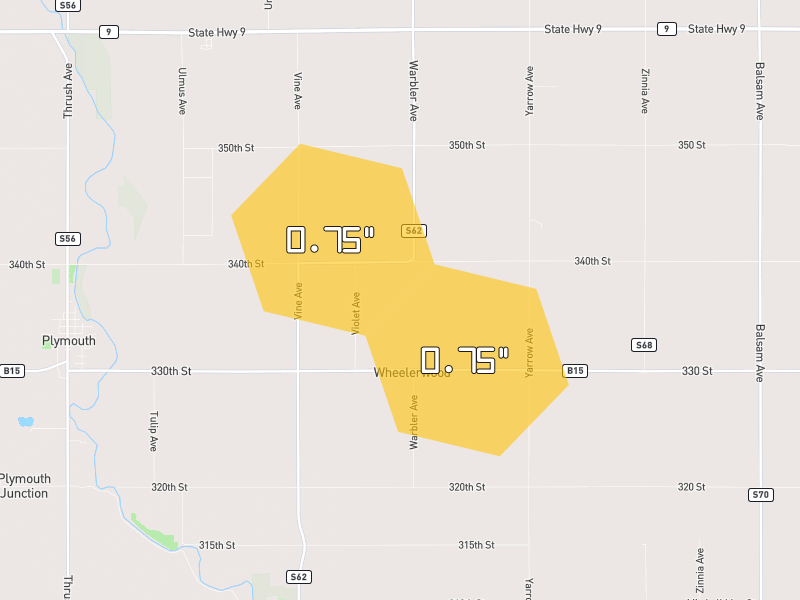 Hail map of Plymouth, IA on Jul 1, 2026, hail up to 0.75"