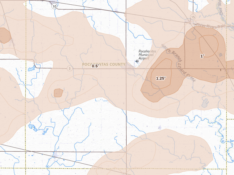 Radar-estimated hail-size map of the storm over Pocahontas, IA on May 15, 2026