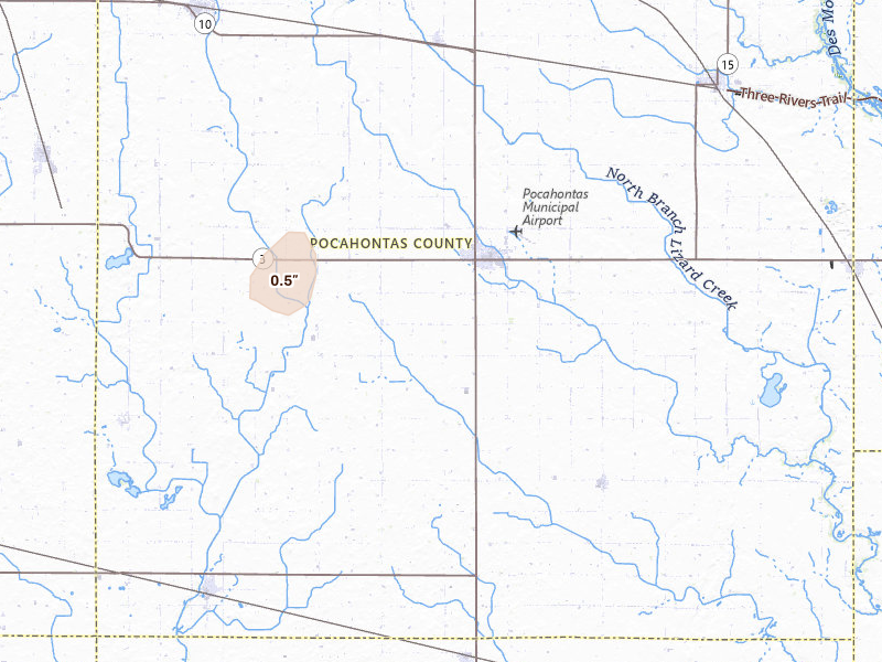 Radar-estimated hail-size map of the storm over Pocahontas, IA on May 17, 2026