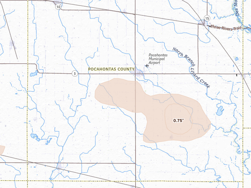 Radar-estimated hail-size map of the storm over Pocahontas, IA on Jul 8, 2026
