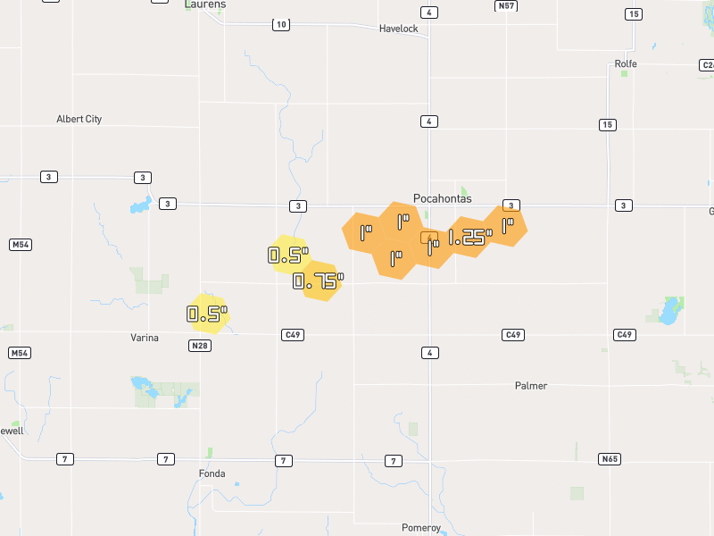 Hail map of Pocahontas, IA on Jul 8, 2026, hail up to 1.25"