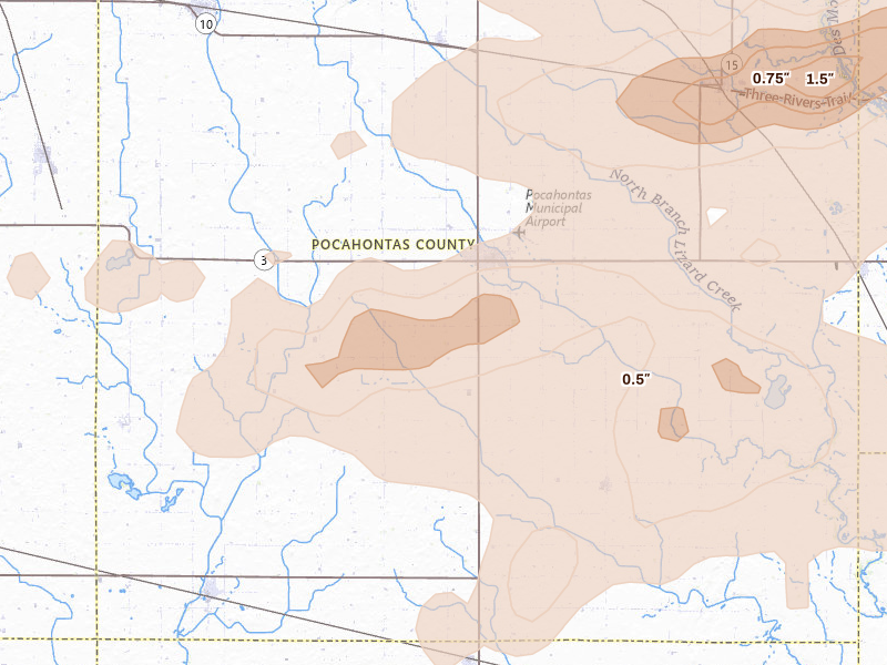 Radar-estimated hail-size map of the storm over Pocahontas, IA on Aug 8, 2026