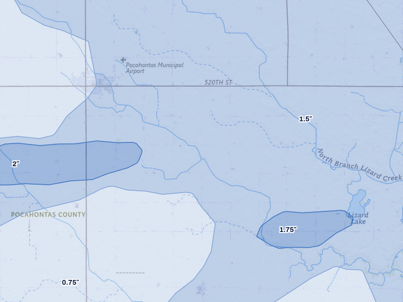 NEXRAD radar-signature map of the hail storm over Pocahontas, IA on Aug 8, 2026