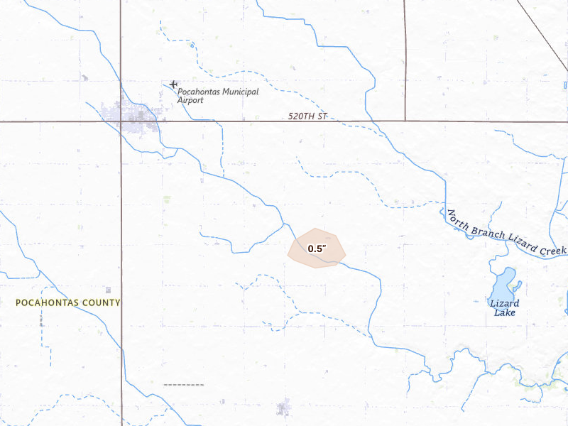 Radar-estimated hail-size map of the storm over Pocahontas, IA on Aug 12, 2026