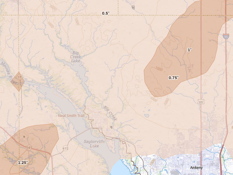 Radar-estimated hail-size map of the storm over Polk City, IA on Jul 2, 2026