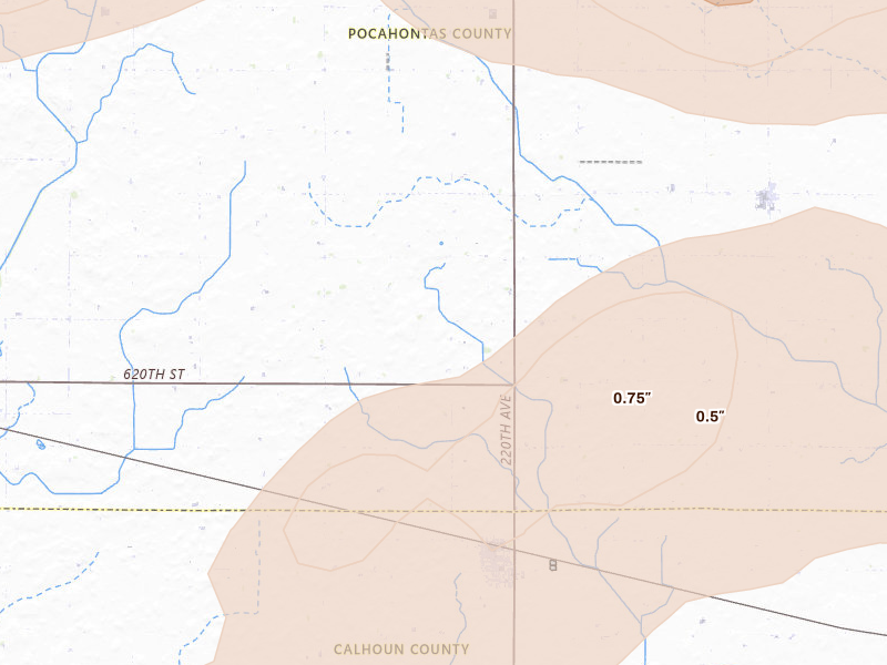 Radar-estimated hail-size map of the storm over Pomeroy, IA on May 15, 2026