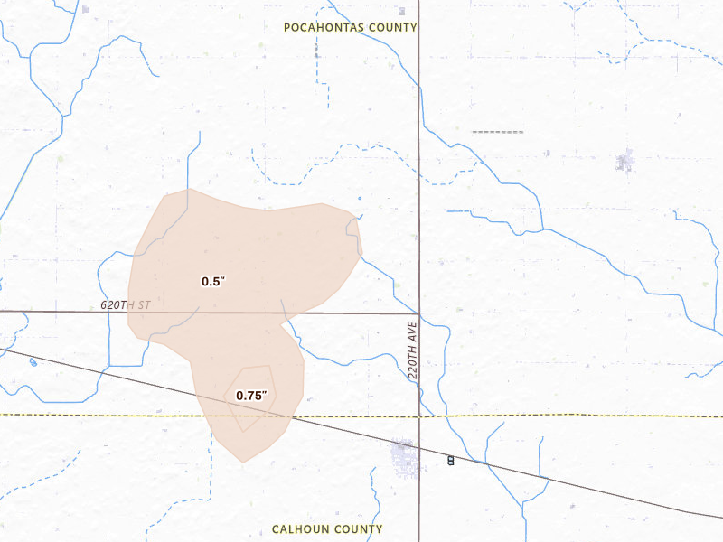Radar-estimated hail-size map of the storm over Pomeroy, IA on Aug 6, 2026
