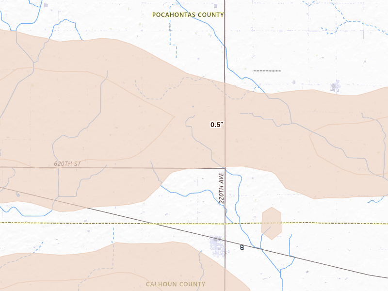 Radar-estimated hail-size map of the storm over Pomeroy, IA on Aug 10, 2026