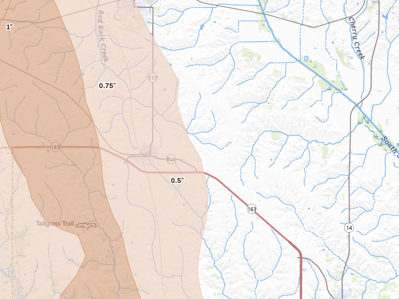 Radar-estimated hail-size map of the storm over Prairie City, IA on Jul 20, 2026