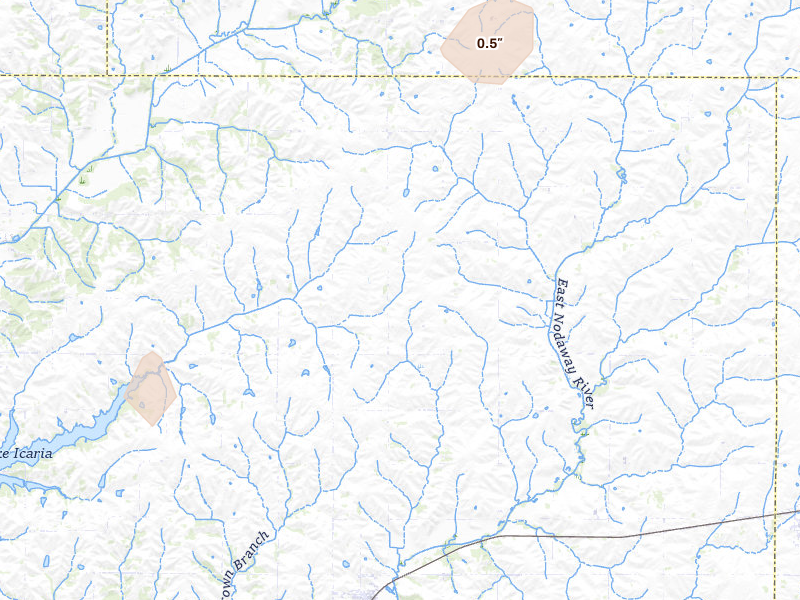 Radar-estimated hail-size map of the storm over Prescott, IA on Mar 5, 2026