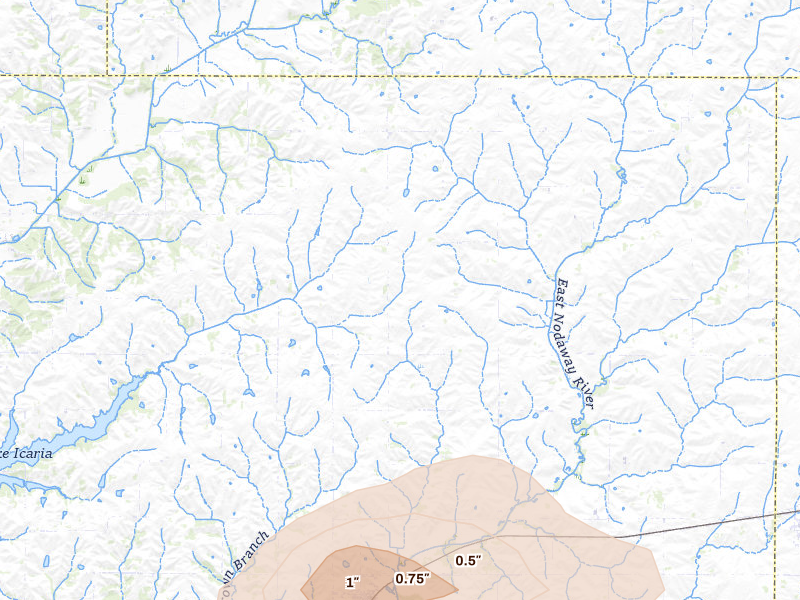 Radar-estimated hail-size map of the storm over Prescott, IA on May 16, 2026