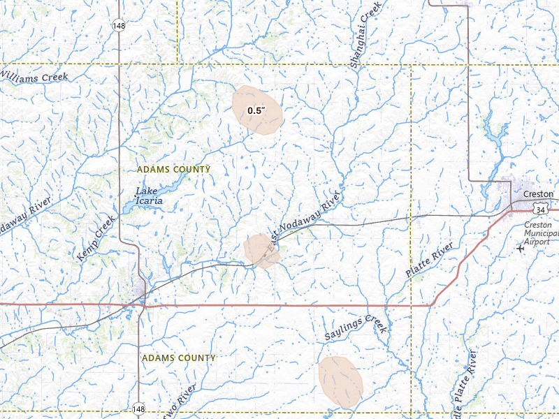 Radar-estimated hail-size map of the storm over Prescott, IA on Jun 1, 2026