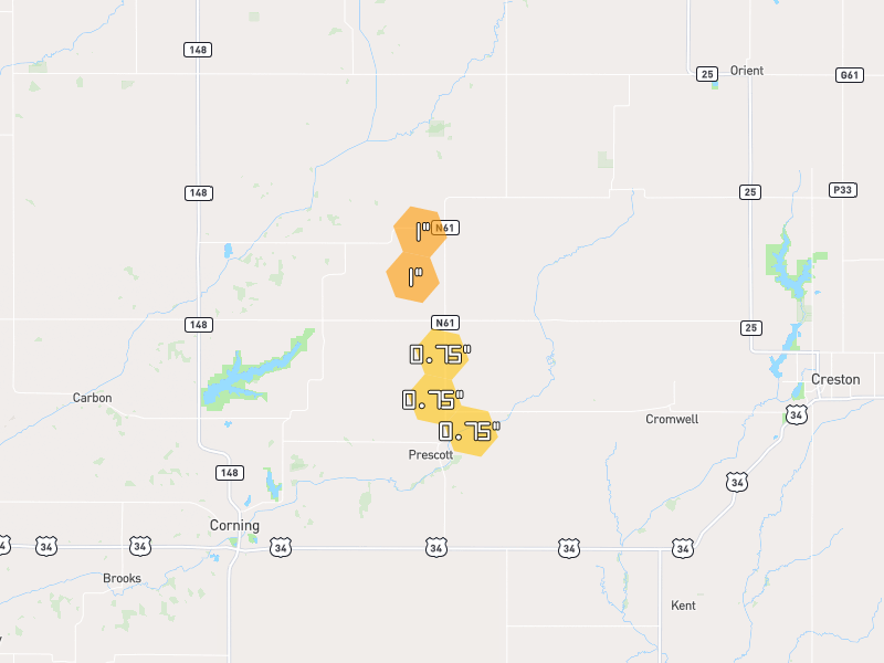 Hail map of Prescott, IA on Jun 1, 2026, hail up to 1"