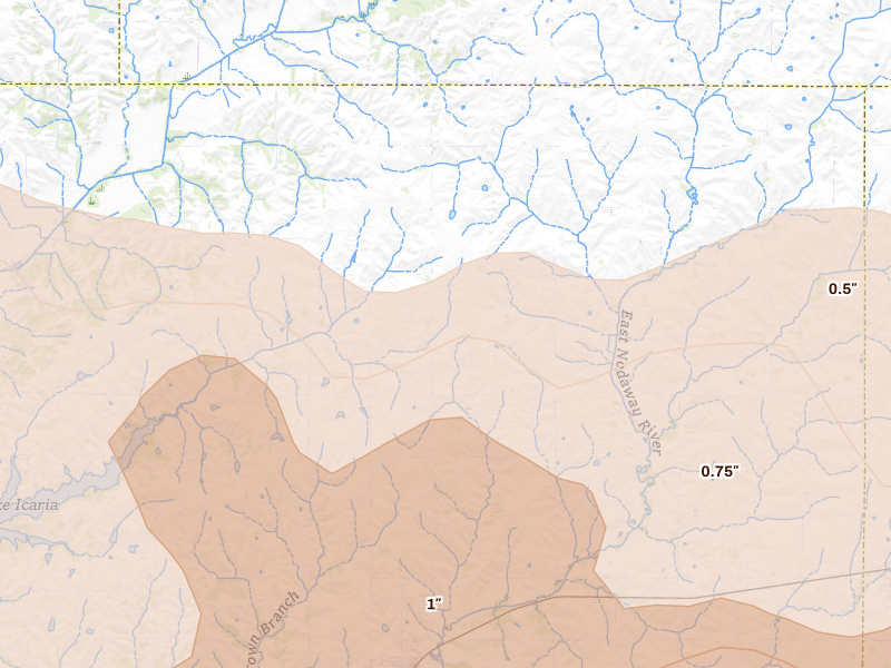 Radar-estimated hail-size map of the storm over Prescott, IA on Jun 10, 2026