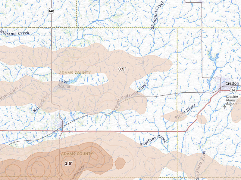 Radar-estimated hail-size map of the storm over Prescott, IA on Aug 4, 2026