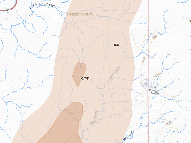 Radar-estimated hail-size map of the storm over Primghar, IA on Apr 13, 2026
