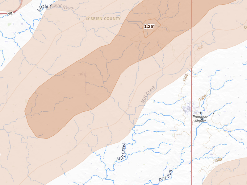 Radar-estimated hail-size map of the storm over Primghar, IA on May 17, 2026