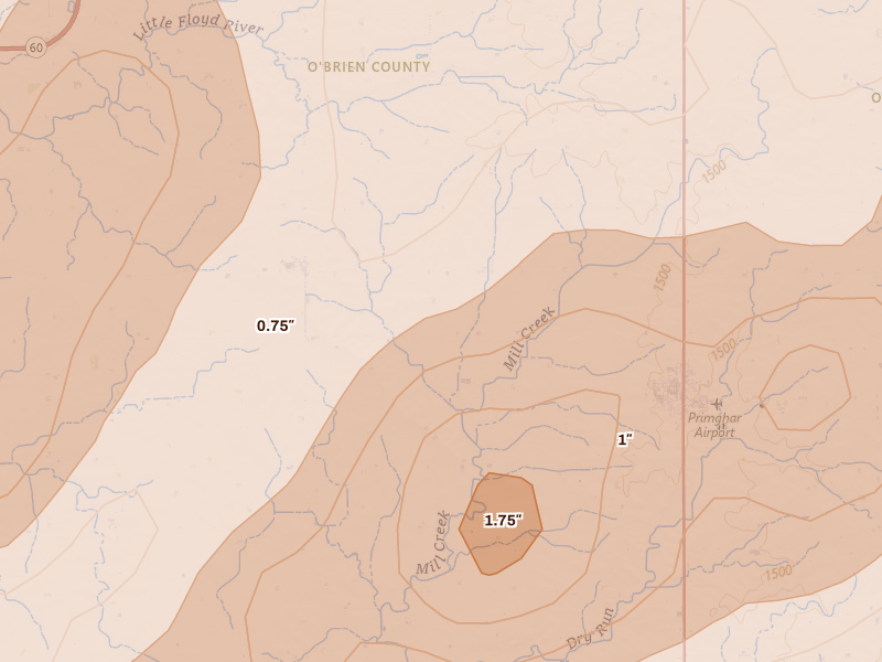 Radar-estimated hail-size map of the storm over Primghar, IA on Jun 27, 2026