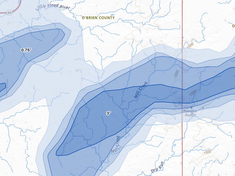 NEXRAD radar-signature map of the hail storm over Primghar, IA on Jun 27, 2026