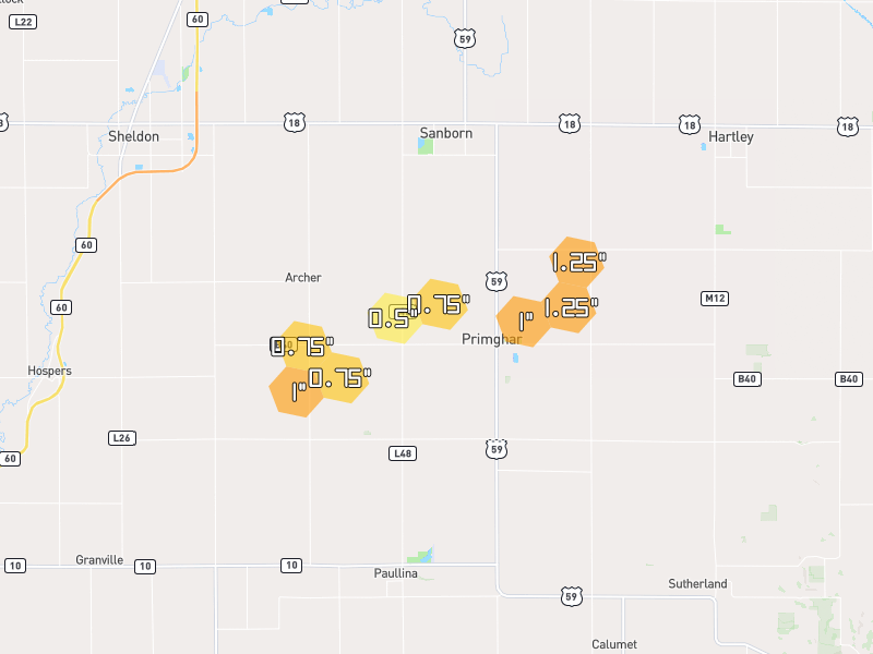 Hail map of Primghar, IA on Jun 30, 2026, hail up to 1.25"