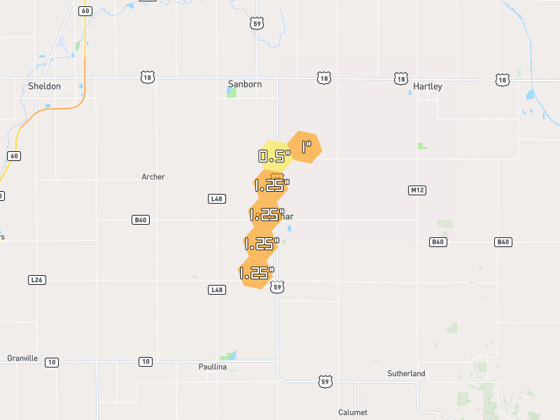 Hail map of Primghar, IA on Jul 1, 2026, hail up to 1.25"