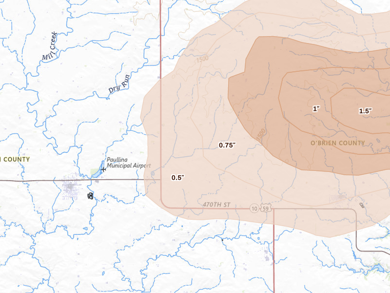 Radar-estimated hail-size map of the storm over Primghar, IA on Aug 8, 2026