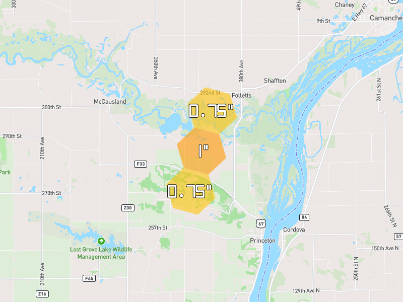Hail map of Princeton, IA on Jul 3, 2026, hail up to 1"