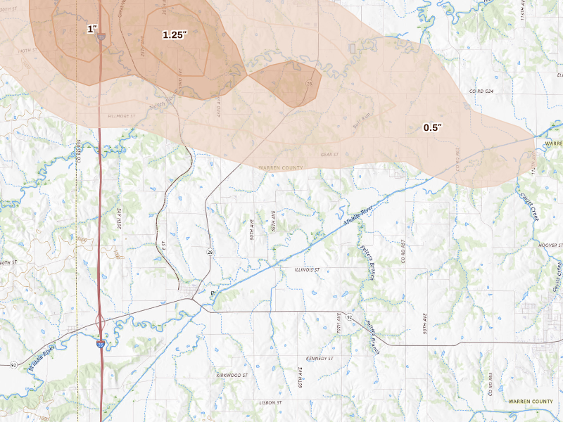 Radar-estimated hail-size map of the storm over Prole, IA