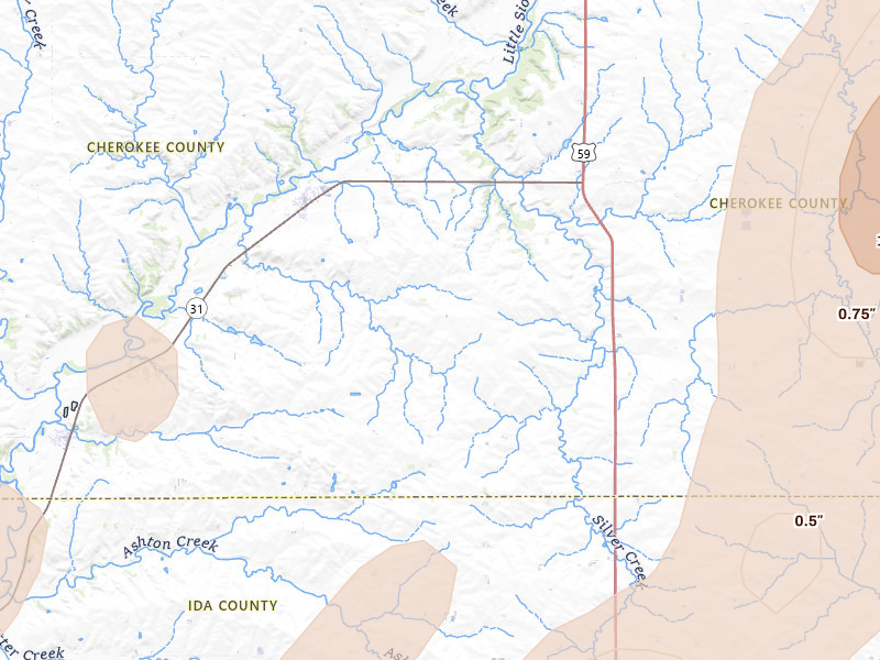 Radar-estimated hail-size map of the storm over Quimby, IA on Apr 23, 2026