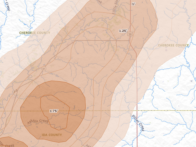Radar-estimated hail-size map of the storm over Quimby, IA on May 18, 2026