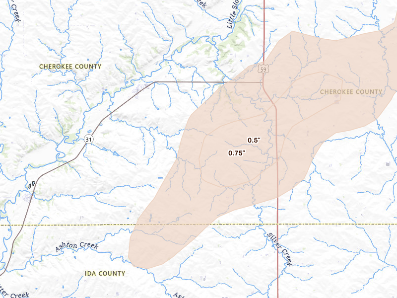 Radar-estimated hail-size map of the storm over Quimby, IA on Jul 1, 2026