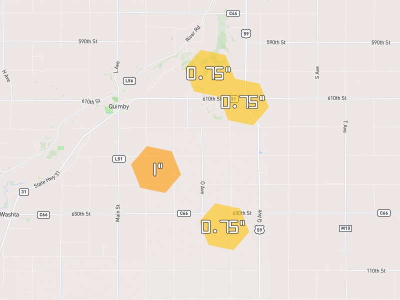 Hail map of Quimby, IA on Jul 1, 2026, hail up to 1"