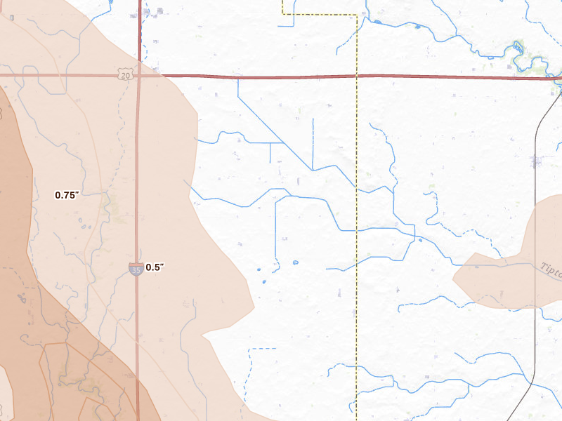 Radar-estimated hail-size map of the storm over Radcliffe, IA on Jul 20, 2026