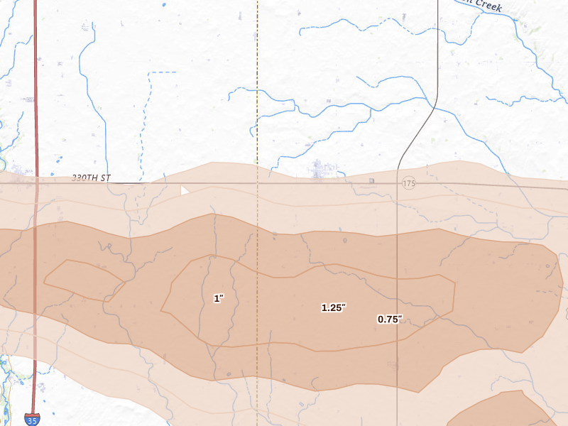 Radar-estimated hail-size map of the storm over Radcliffe, IA on Aug 11, 2026