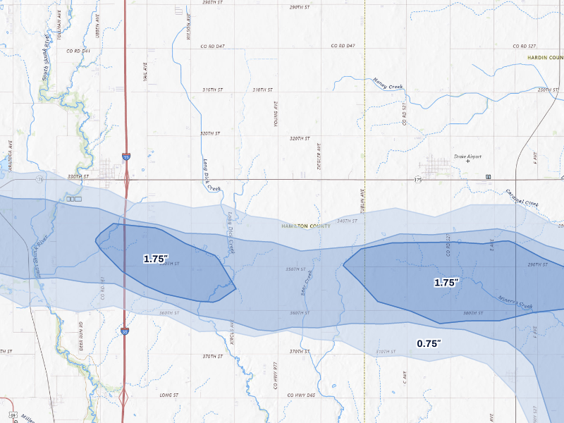 NEXRAD radar-signature map of the hail storm over Radcliffe, IA on Aug 11, 2026