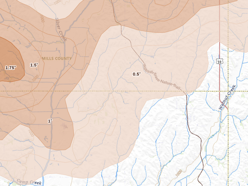 Radar-estimated hail-size map of the storm over Randolph, IA on May 15, 2026