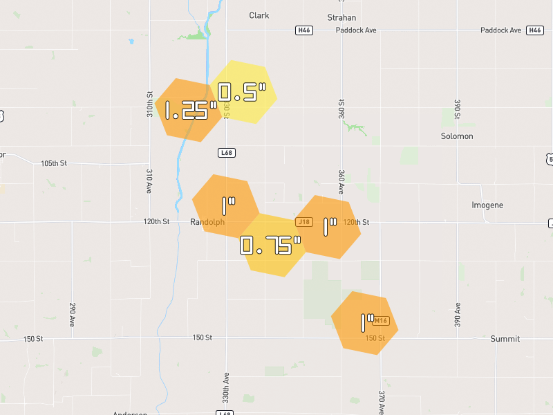 Hail map of Randolph, IA on Jun 6, 2026, hail up to 1.25"