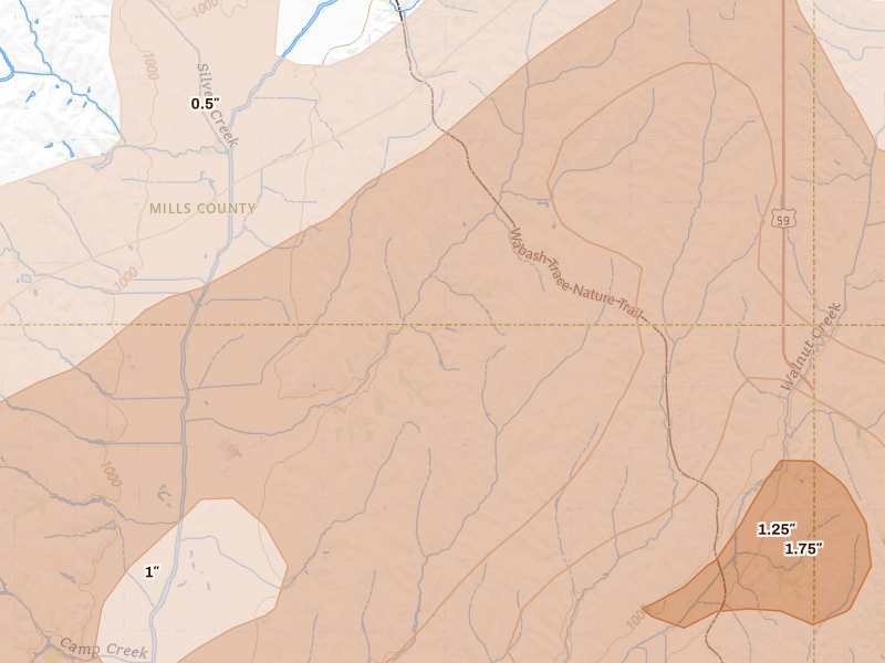 Radar-estimated hail-size map of the storm over Randolph, IA on Jun 10, 2026
