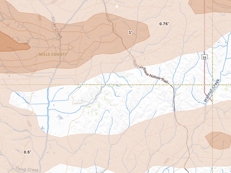 Radar-estimated hail-size map of the storm over Randolph, IA on Aug 4, 2026
