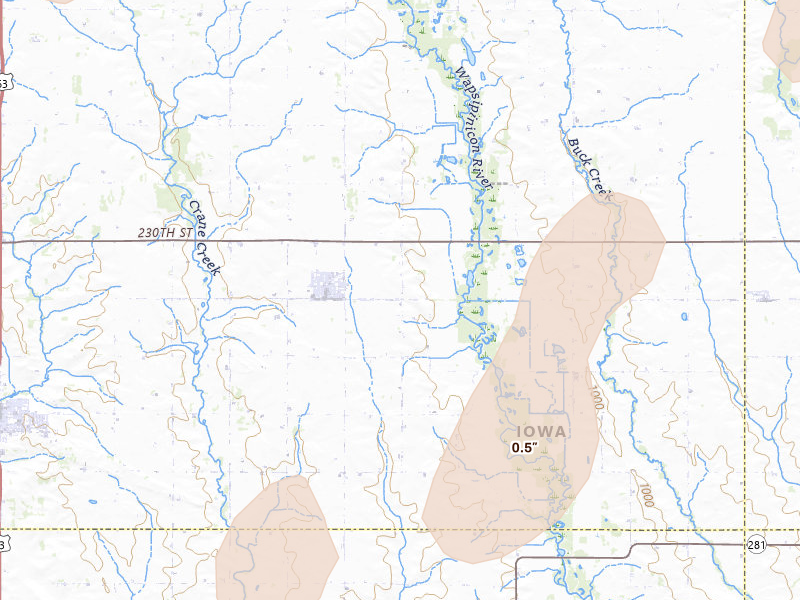 Radar-estimated hail-size map of the storm over Readlyn, IA on Apr 17, 2026