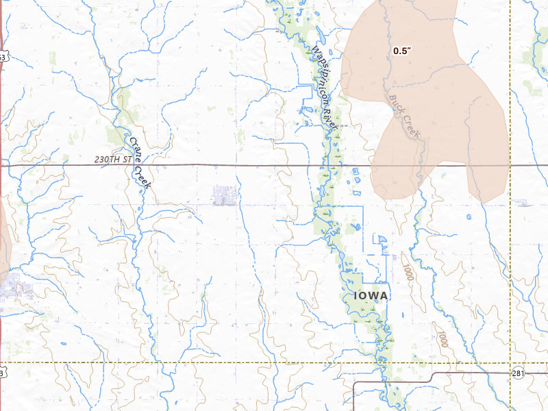Radar-estimated hail-size map of the storm over Readlyn, IA on May 15, 2026