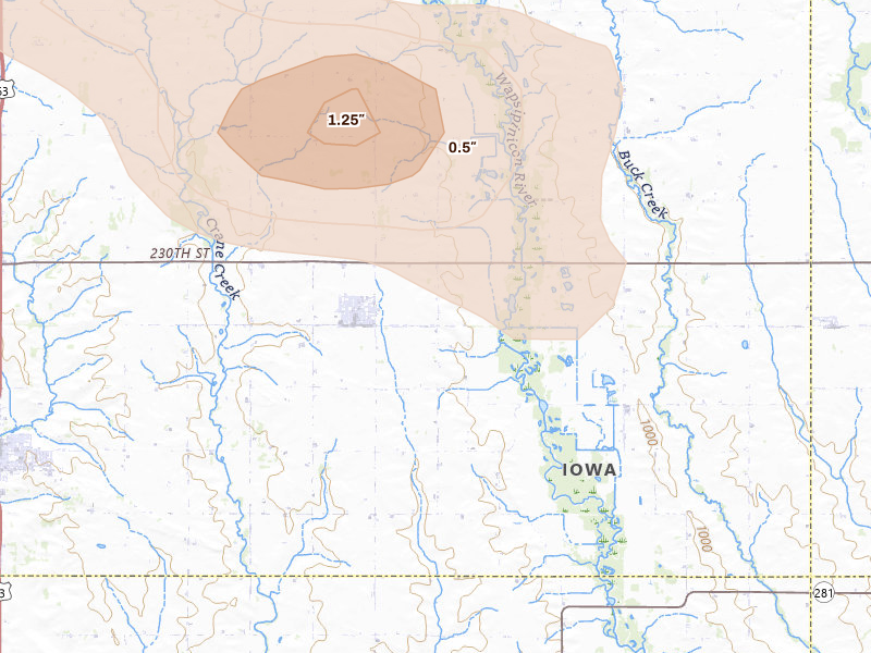 Radar-estimated hail-size map of the storm over Readlyn, IA on May 16, 2026