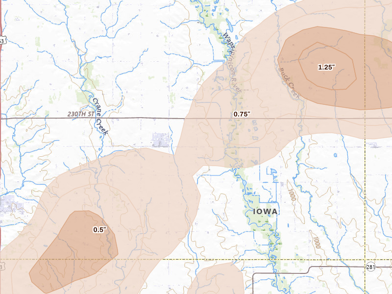 Radar-estimated hail-size map of the storm over Readlyn, IA on Jul 2, 2026
