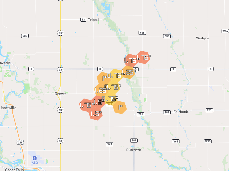 Hail map of Readlyn, IA on Jul 2, 2026, hail up to 1.75"