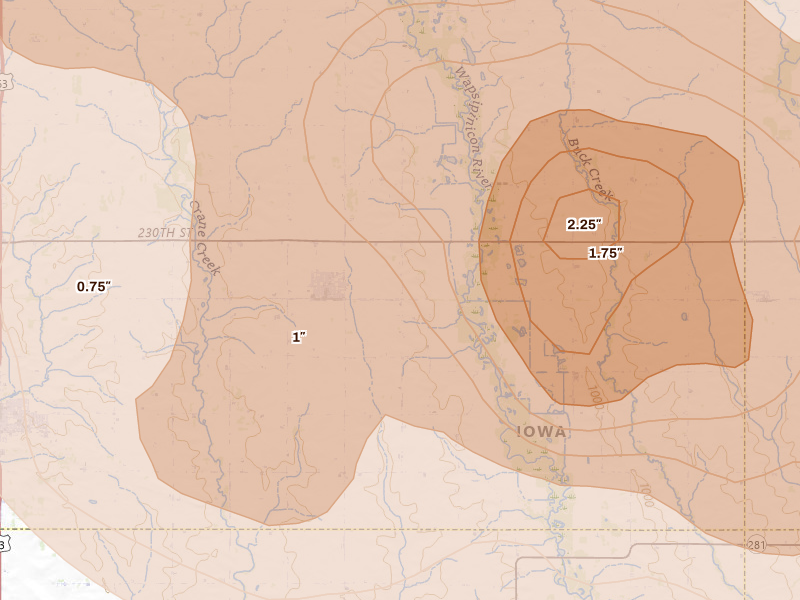Radar-estimated hail-size map of the storm over Readlyn, IA on Aug 7, 2026