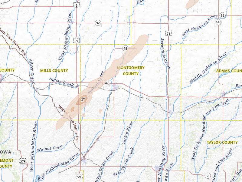 Radar-estimated hail-size map of the storm over Red Oak, IA on Mar 6, 2026