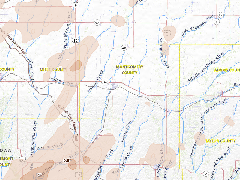 Radar-estimated hail-size map of the storm over Red Oak, IA on Apr 23, 2026