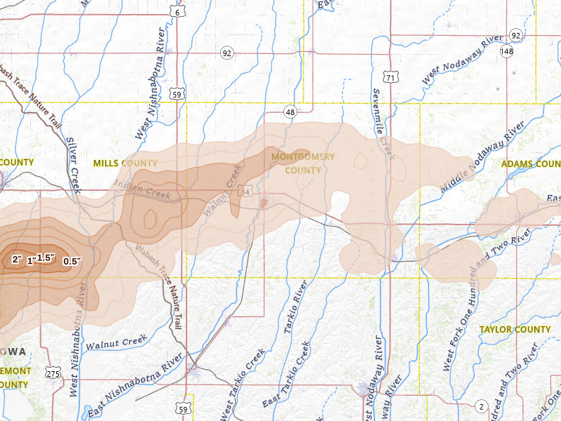 Radar-estimated hail-size map of the storm over Red Oak, IA on May 15, 2026