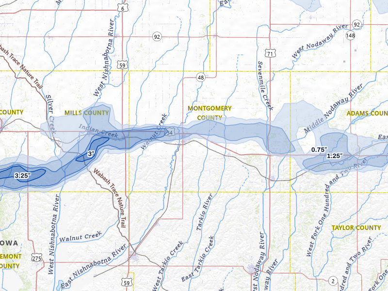 NEXRAD radar-signature map of the hail storm over Red Oak, IA on May 15, 2026