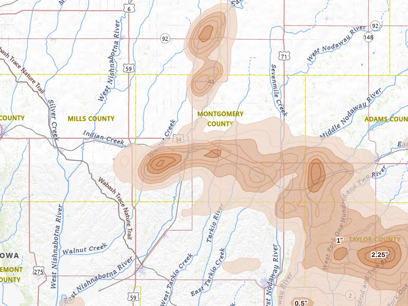 Radar-estimated hail-size map of the storm over Red Oak, IA on May 16, 2026
